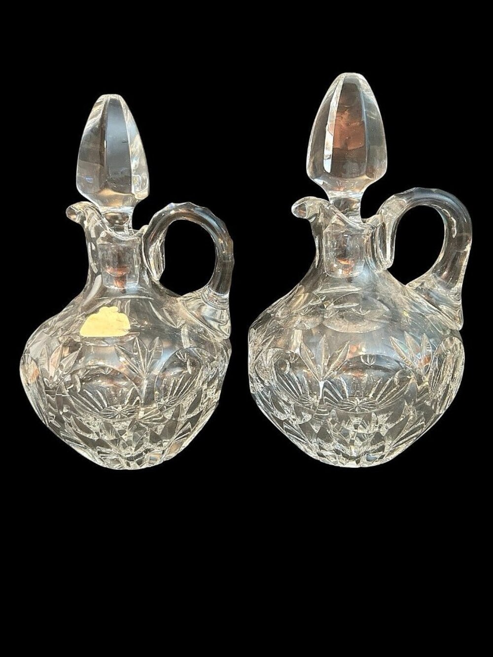 Vintage Elegant Cut Glass Cruets w/ Stoppers Diamond Point Pattern 7x5 Set of 2